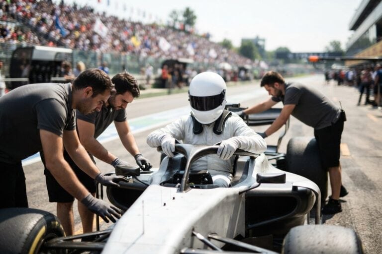 Un pilote casqué assis dans le cockpit d'une monoplace blanche pendant que trois mécaniciens s'affairent autour