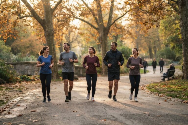 Cinq coureurs amateurs, hommes et femmes, courent côte à côte sur une allée de parc couverte de feuilles d'automne