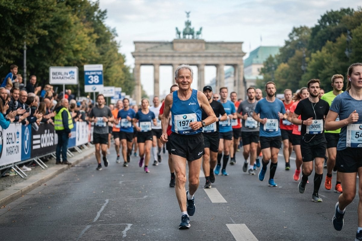 Coureur aux cheveux gris en débardeur bleu devant un peloton de marathoniens, la porte de Brandebourg en arrière-plan