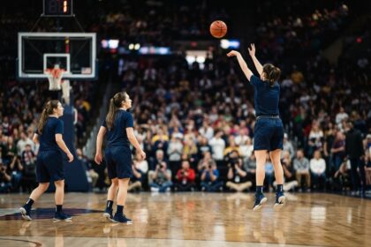 Trois basketteuses en tenue bleue sur un parquet, l'une déclenche un tir à distance devant des tribunes pleines.