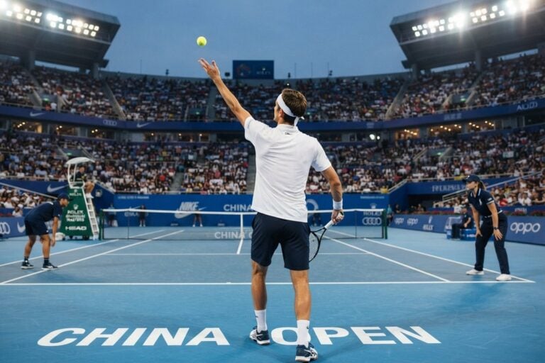 Un joueur de tennis vu de dos lance la balle au service sur le court central du China Open, devant des tribunes pleines