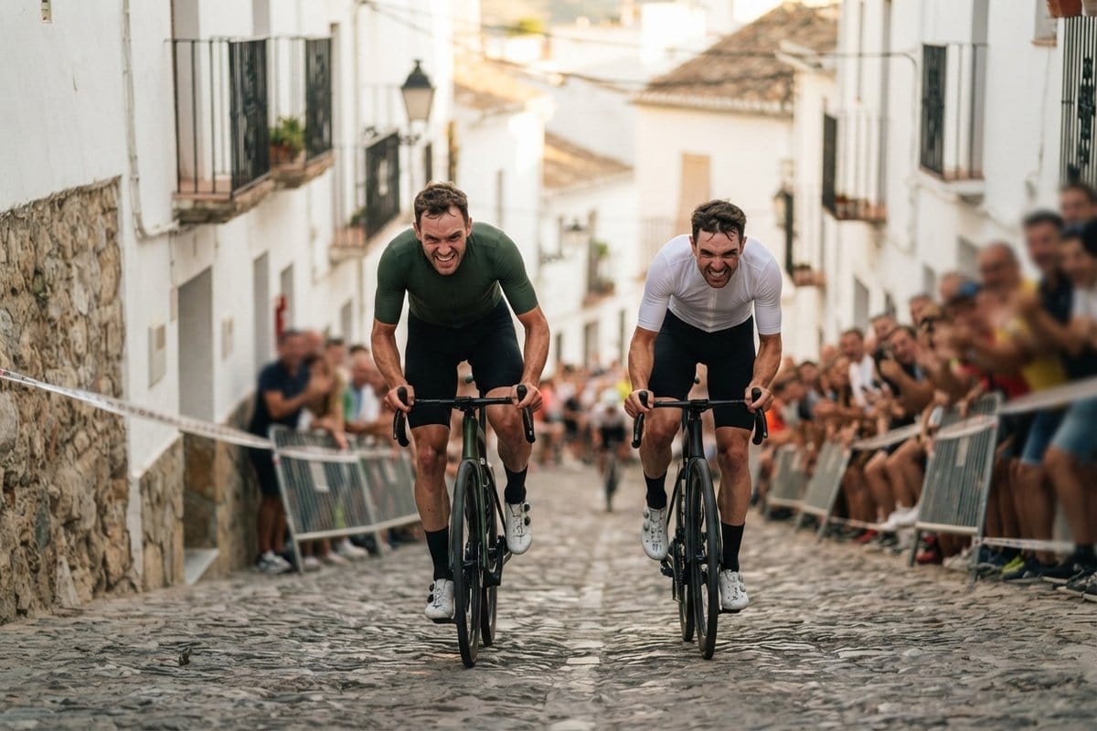 Deux cyclistes sprintent en danseuse dans une ruelle pavée bordée de maisons blanches et de spectateurs