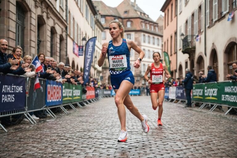 Une coureuse en maillot bleu de l'équipe de France mène une course sur route pavée devant le public