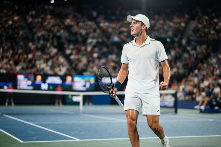 Joueur de tennis en tenue blanche serrant le poing sur un court en dur, foule floue en tribunes