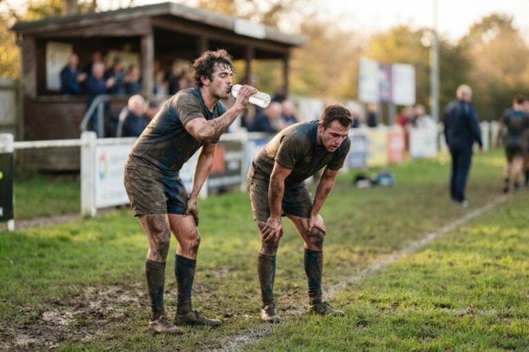 Deux joueurs de rugby en tenue boueuse reprennent leur souffle au bord d'un terrain de club