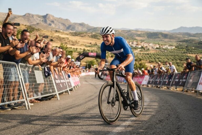 Un coureur cycliste en maillot bleu attaque une route de campagne sous les applaudissements des spectateurs