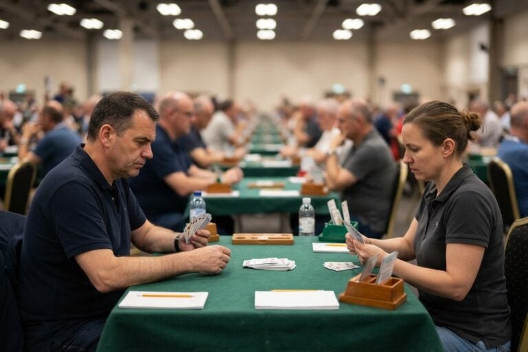 Un homme et une femme concentrés sur leurs cartes de part et d'autre d'un tapis vert, dans une grande salle de tournoi