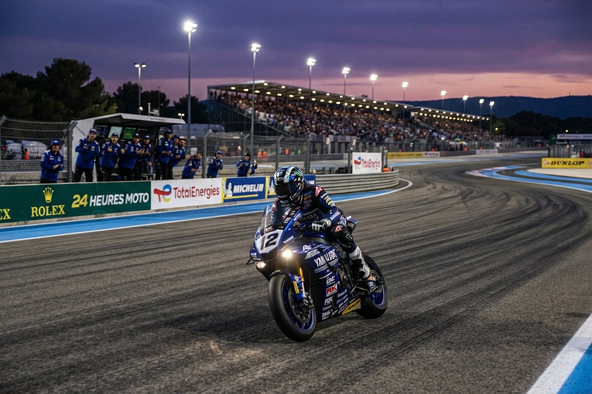 Un pilote d'endurance moto sort d'un virage au crépuscule, devant les stands et une tribune pleine