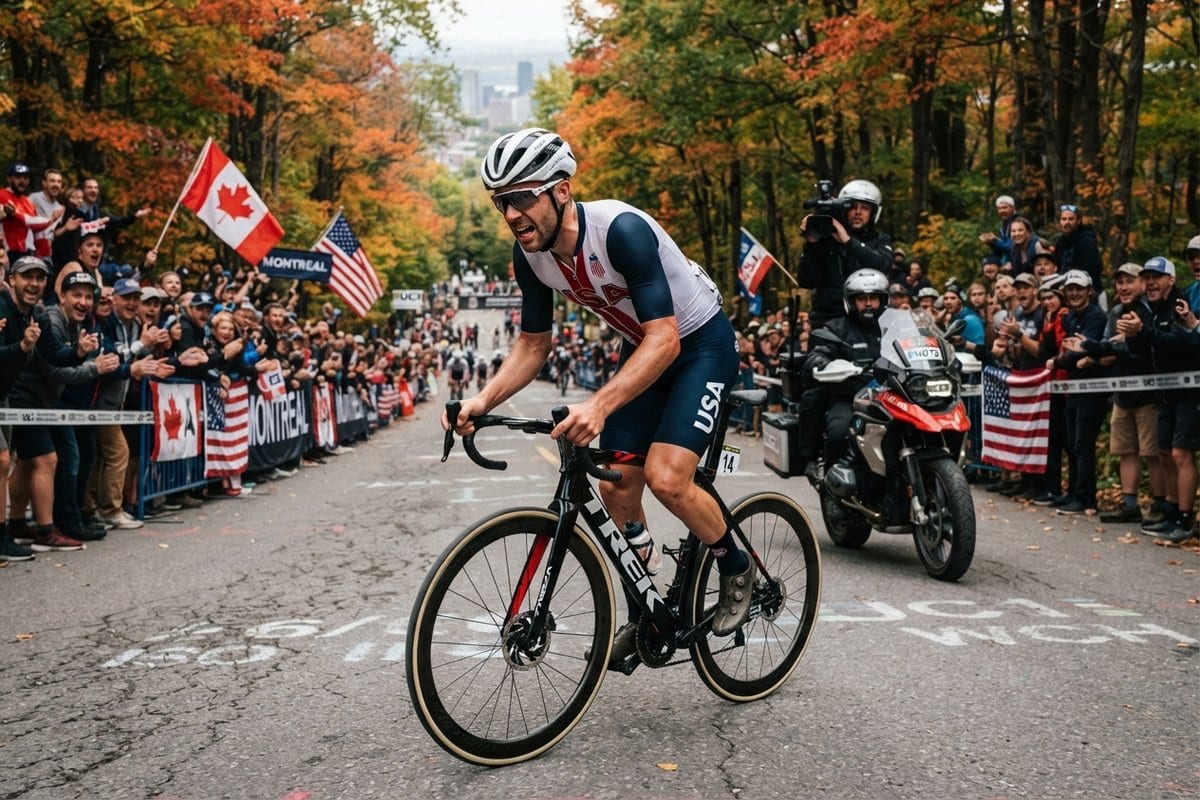 Cycliste en maillot des États-Unis grimpant une route boisée aux couleurs d'automne, encouragé par des spectateurs