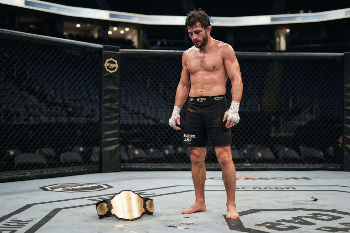 Un combattant de MMA torse nu, mains bandées, debout dans une cage octogonale devant une ceinture de champion posée au sol