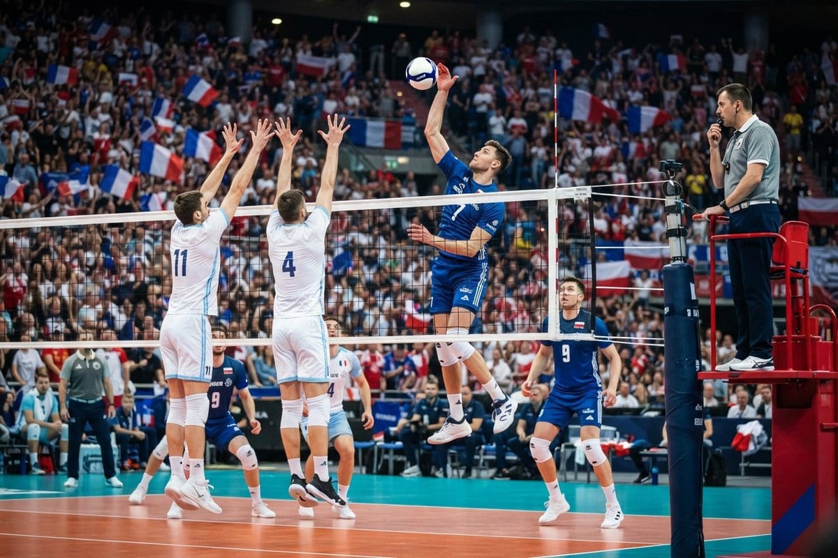 Un attaquant en maillot bleu frappe le ballon au-dessus d'un double contre en blanc, devant des tribunes pavoisées de drapeaux français