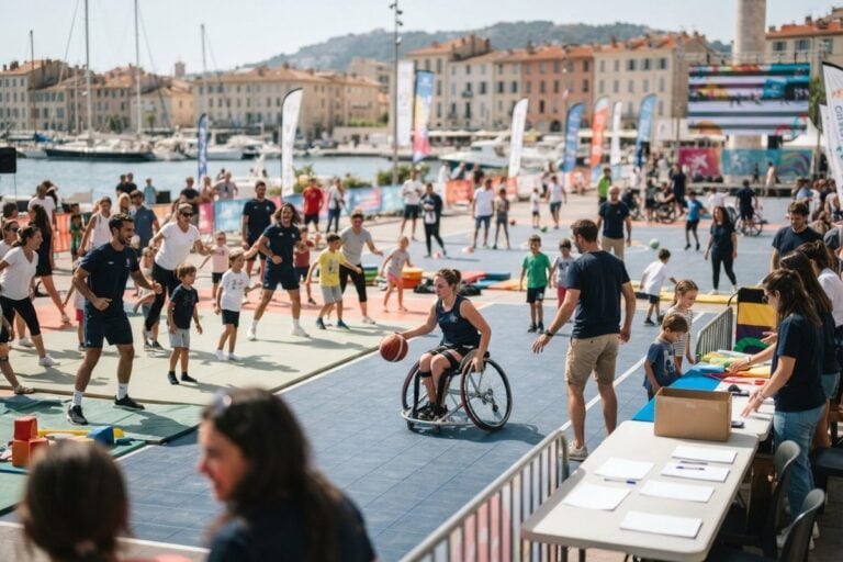Une joueuse de basket fauteuil et des enfants s'initient au sport sur un quai méditerranéen animé