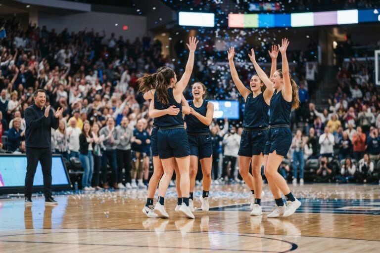 Cinq basketteuses en maillot bleu marine lèvent les bras au centre du parquet sous les confettis, devant un public debout
