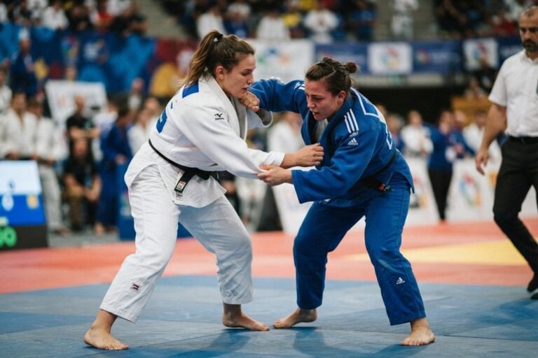 Deux judokates en kimono blanc et bleu se saisissent au revers sur un tatami, arbitre en retrait