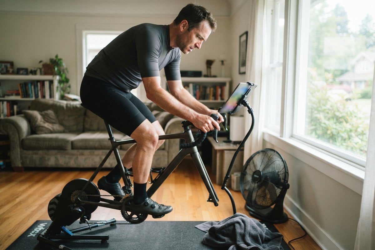 Un cycliste pédale sur son vélo de route monté sur un home-trainer dans un salon, tablette et ventilateur à côté