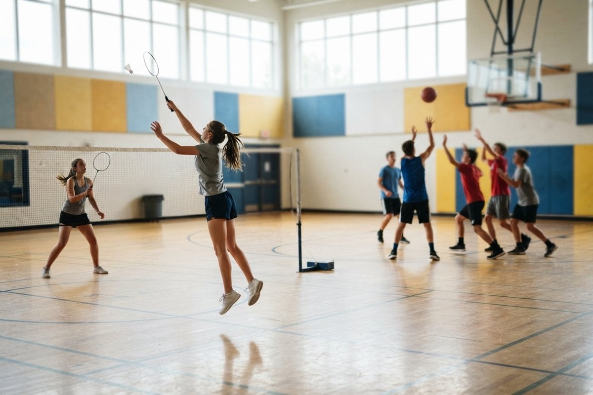 Des adolescents jouent au badminton et au basket dans un gymnase scolaire, une élève saute pour frapper le volant