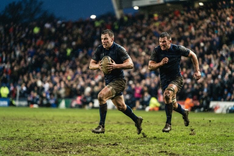 Deux rugbymen en maillot bleu foncé courent balle en main sur une pelouse boueuse devant des tribunes pleines