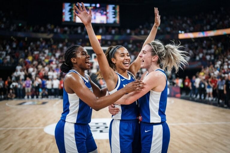 Trois basketteuses en maillot bleu et blanc s'étreignent sur le parquet après leur victoire, devant un public flou