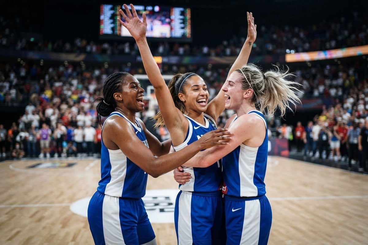 Trois basketteuses en maillot bleu et blanc s'étreignent sur le parquet après leur victoire, devant un public flou
