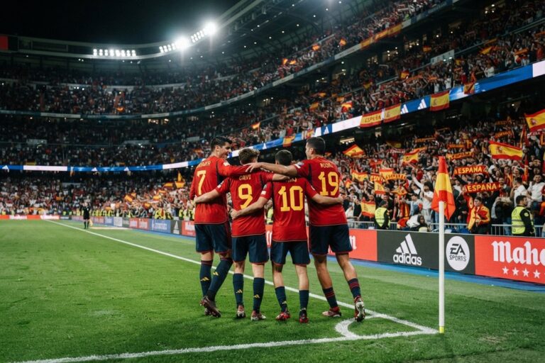 Quatre footballeurs en maillot rouge de l'Espagne s'enlacent près du poteau de corner devant des tribunes pleines de drapeaux