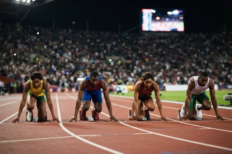 Quatre sprinteurs en tenues aux couleurs nationales, dans les starting-blocks d'un stade éclairé la nuit
