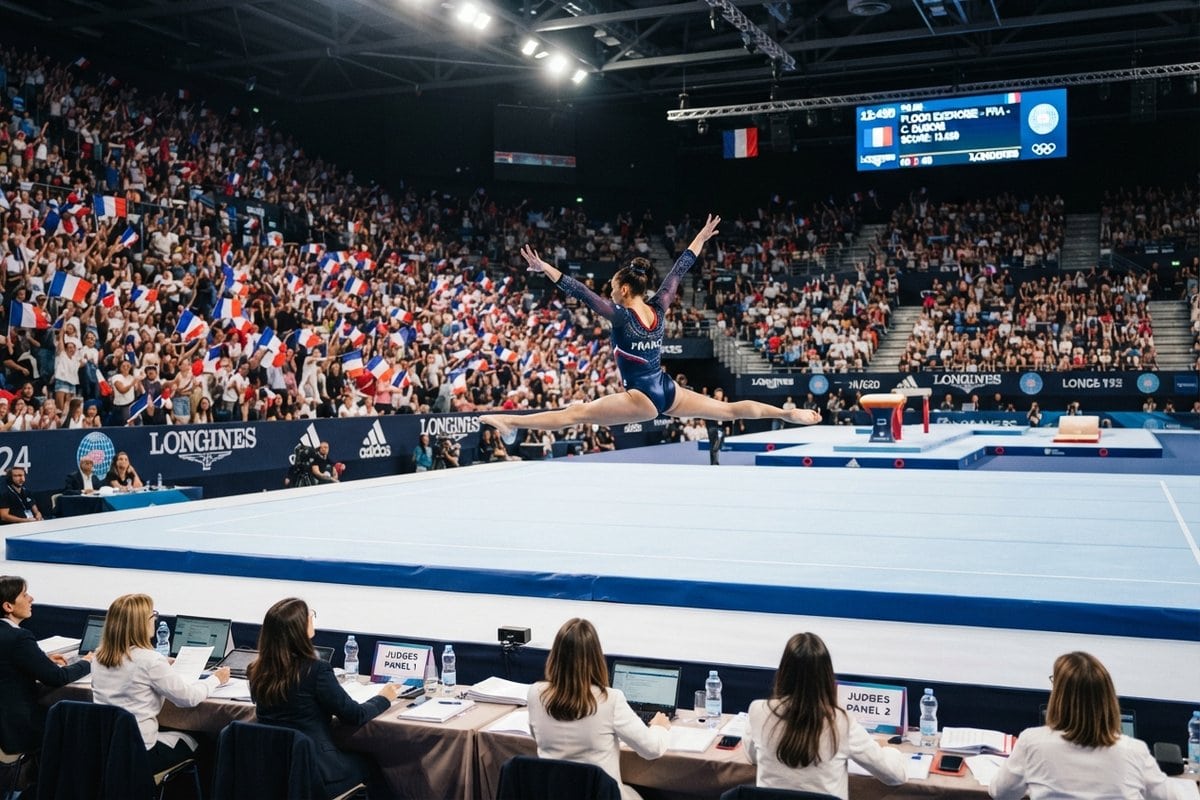 Une gymnaste de l'équipe de France réalise un saut en grand écart sur le praticable, devant les juges et des tribunes pleines