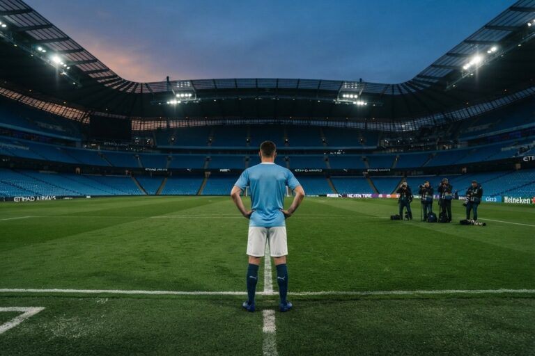 Footballeur en maillot bleu ciel vu de dos, mains sur les hanches, face à un stade vide éclairé au crépuscule