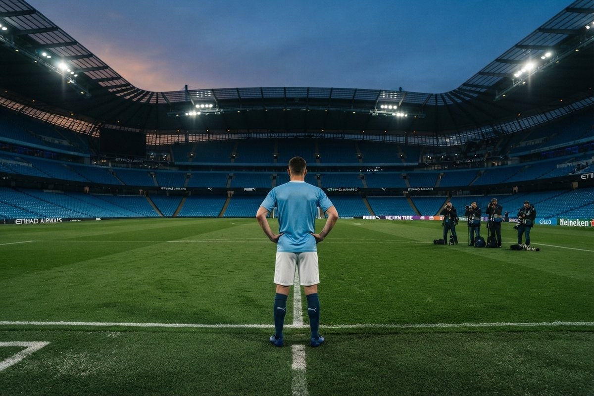 Footballeur en maillot bleu ciel vu de dos, mains sur les hanches, face à un stade vide éclairé au crépuscule