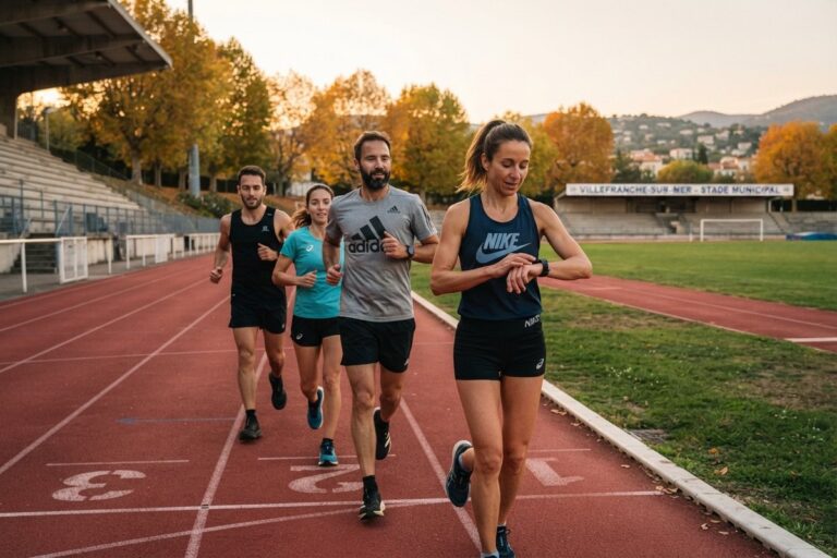 Quatre coureurs amateurs sur une piste d'athlétisme en automne, une femme en tête consulte sa montre