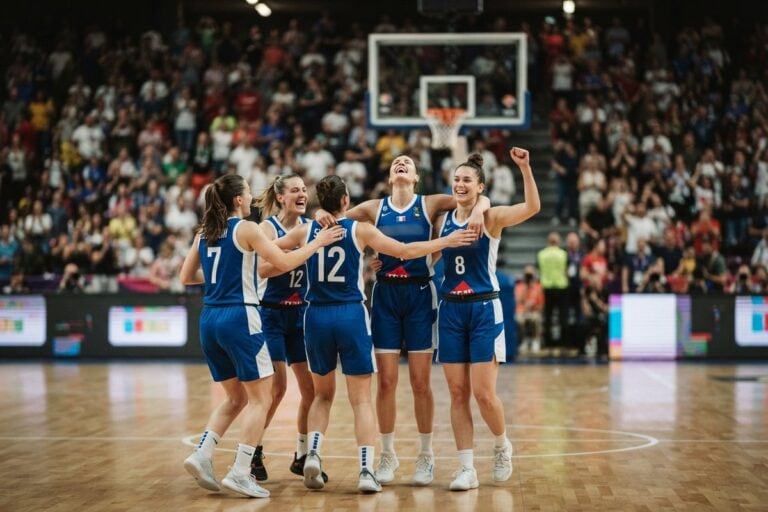 Cinq basketteuses en maillot bleu et blanc s'enlacent bras levés au centre du parquet, public debout en tribunes