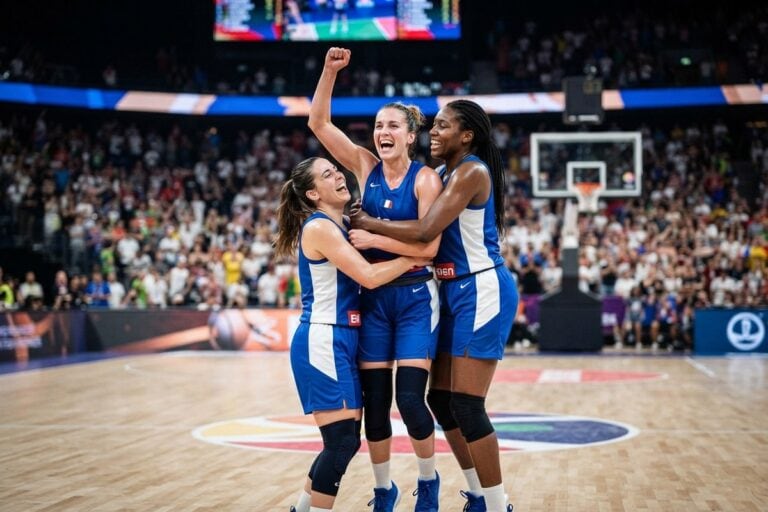 Trois basketteuses en maillot bleu s'enlacent au centre du terrain, poing levé, devant des tribunes pleines