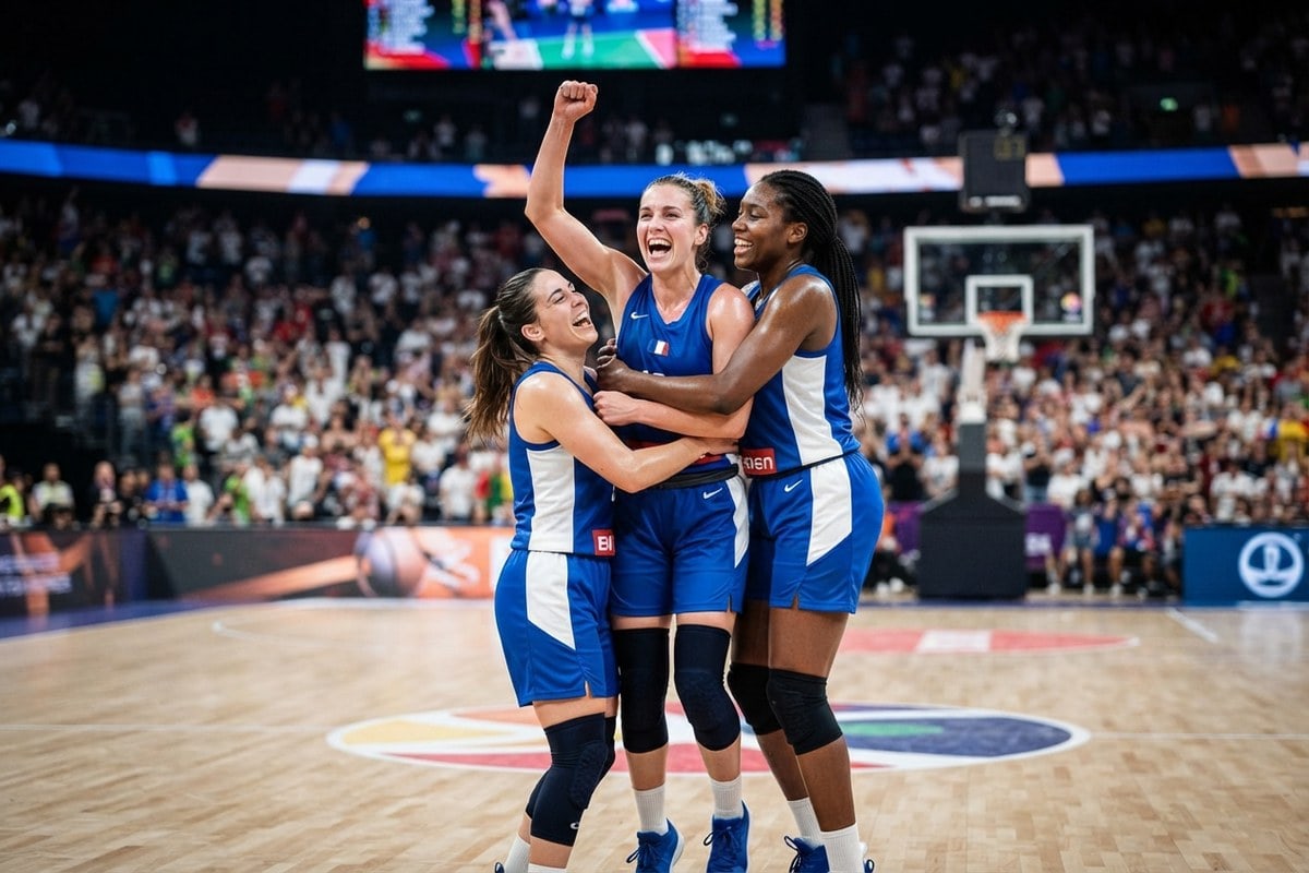 Trois basketteuses en maillot bleu s'enlacent au centre du terrain, poing levé, devant des tribunes pleines