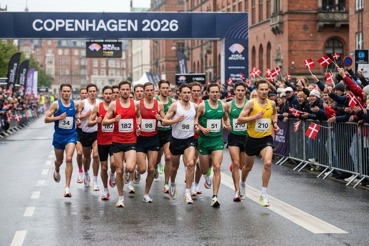 Peloton de coureurs sous une arche Copenhague 2026, rue mouillée bordée de spectateurs aux drapeaux danois