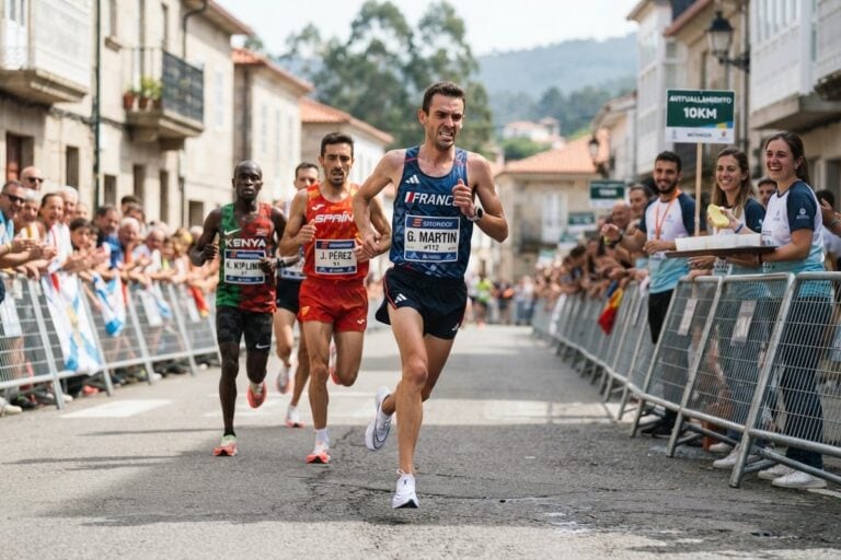 Trois coureurs de fond en maillots France, Espagne et Kenya luttent en tête dans une rue bordée de spectateurs.