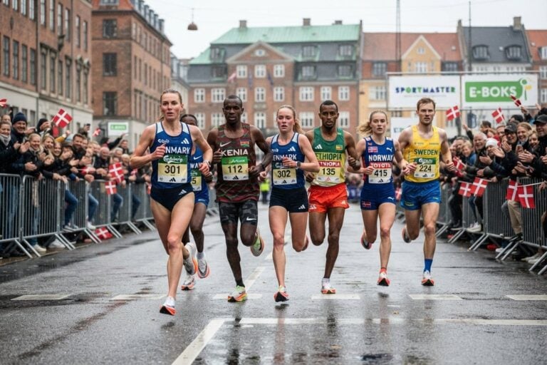 Groupe de coureurs et coureuses en maillots nationaux sur une rue mouillée de Copenhague, drapeaux danois au bord