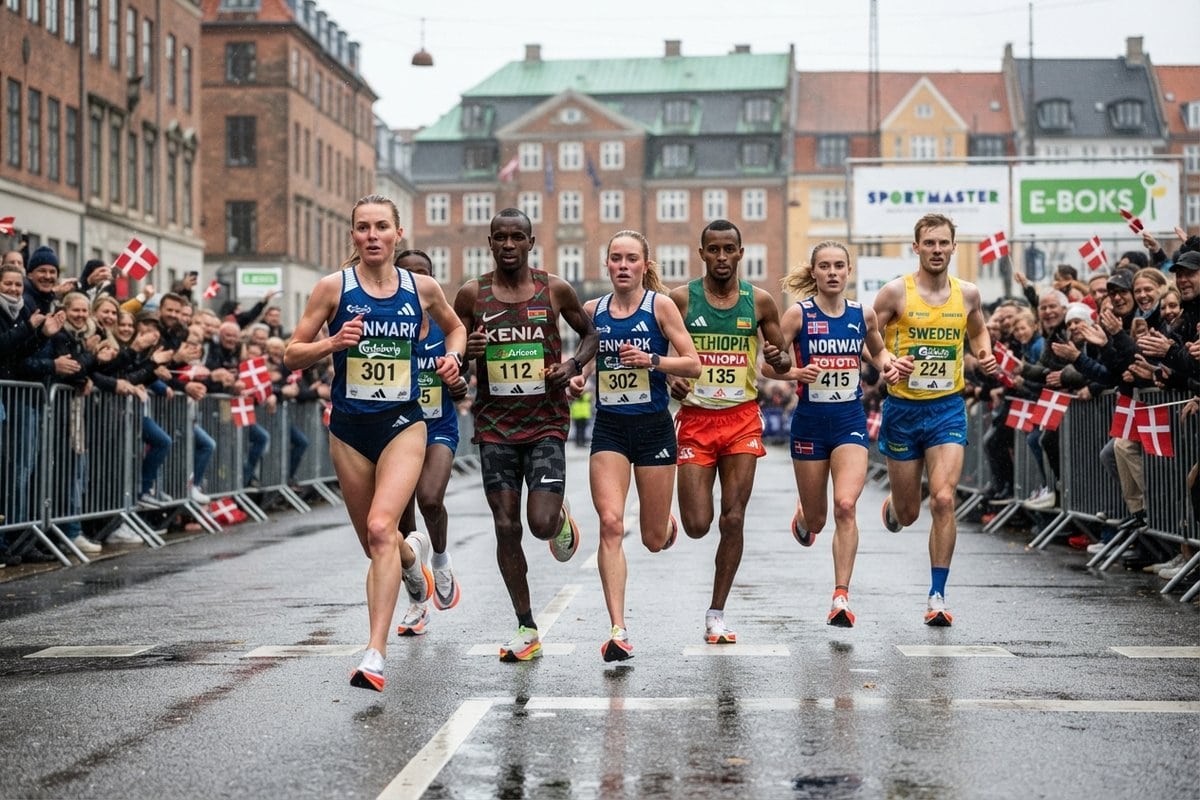 Groupe de coureurs et coureuses en maillots nationaux sur une rue mouillée de Copenhague, drapeaux danois au bord