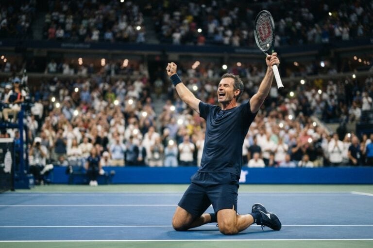 Un joueur de tennis à genoux sur un court en dur, bras levés et raquette en main, devant un stade plein la nuit