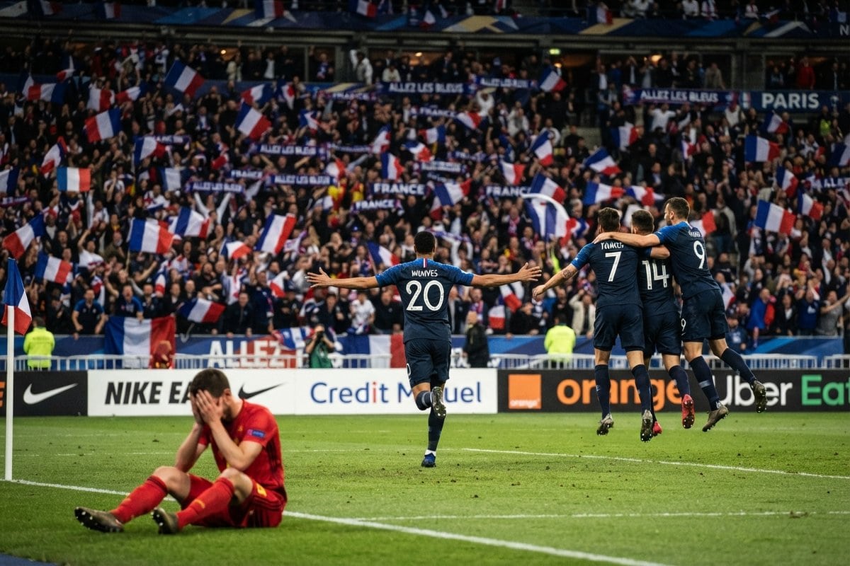Un joueur de l'équipe de France célèbre un but face au public, devant un joueur belge assis la tête dans les mains
