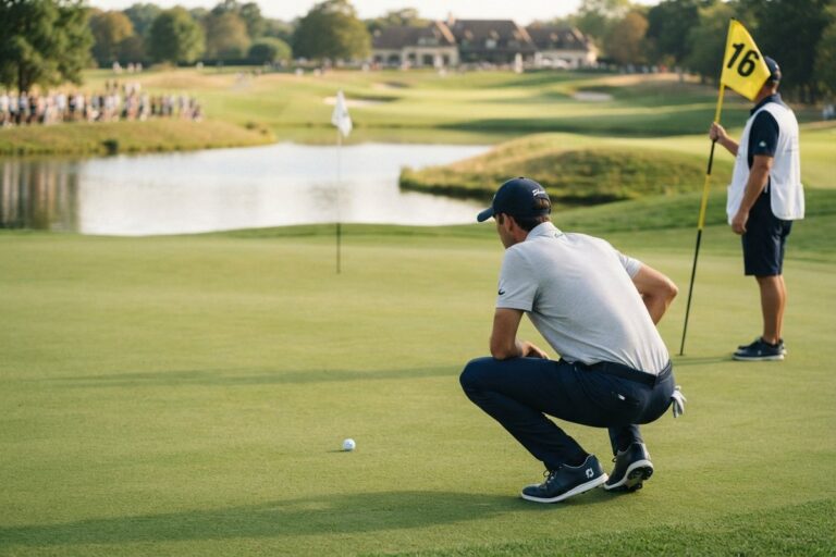 Golfeur accroupi lisant la ligne de son putt sur un green, un caddie tenant un drapeau jaune numéro 16 près d'un lac