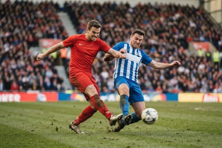 Deux footballeurs en maillot rouge et en maillot rayé bleu et blanc se disputent le ballon devant des tribunes pleines