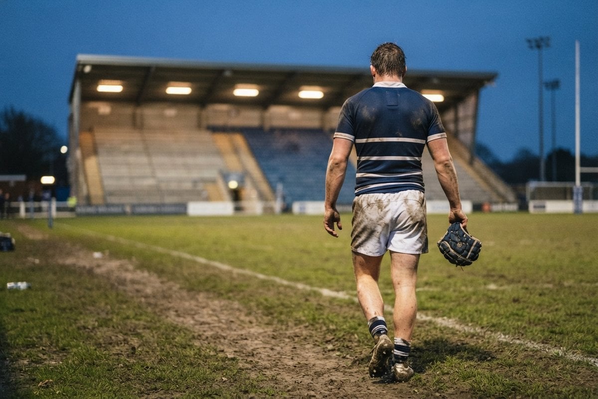 Un rugbyman en maillot rayé bleu marine quitte de dos un terrain boueux au crépuscule, casque de mêlée à la main