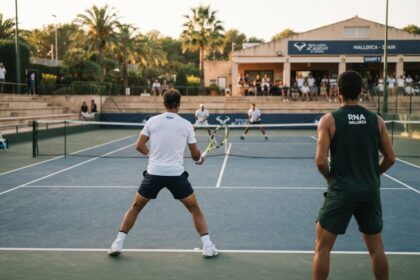 Deux joueurs de tennis vus de dos disputant un double sur un court en dur d'une académie bordée de palmiers