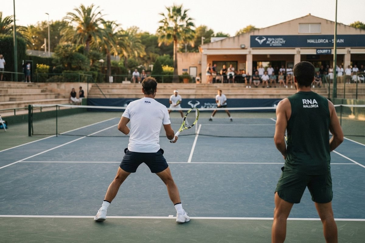 Deux joueurs de tennis vus de dos disputant un double sur un court en dur d'une académie bordée de palmiers