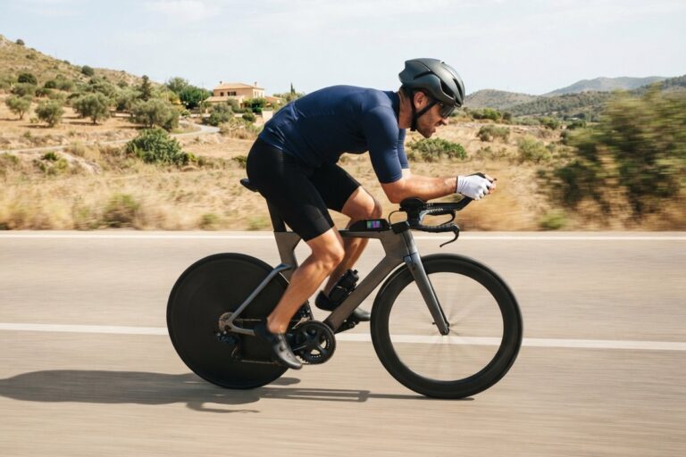 Un cycliste en position aérodynamique sur un vélo de contre-la-montre, sur une route ensoleillée bordée de collines