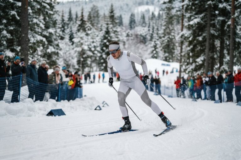 Un skieur de fond en combinaison blanche sans marquage s'élance sur une piste damée devant des spectateurs
