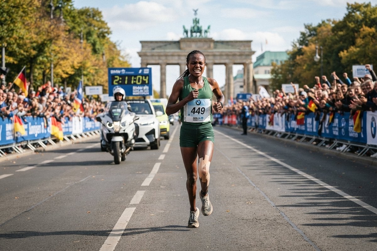Marathonienne grimaçant de douleur devant la porte de Brandebourg, genou strappé, chrono 2:11:04 en arrière-plan