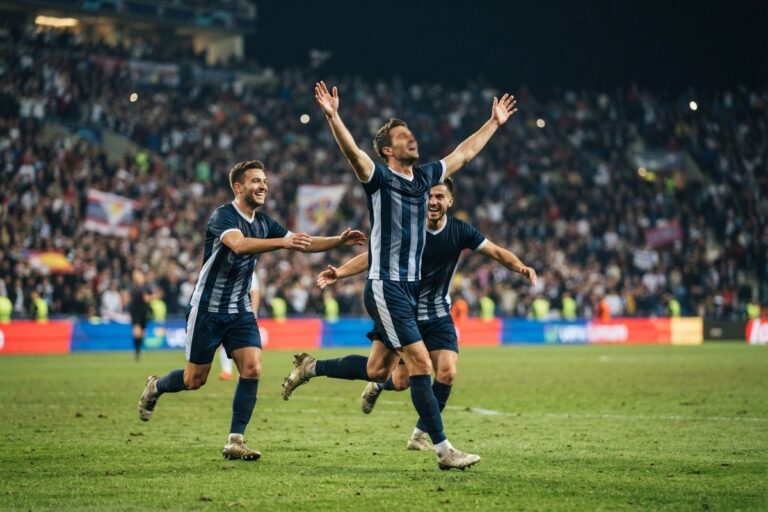 Trois footballeurs en maillot rayé bleu marine célèbrent un but sur une pelouse de stade éclairée la nuit