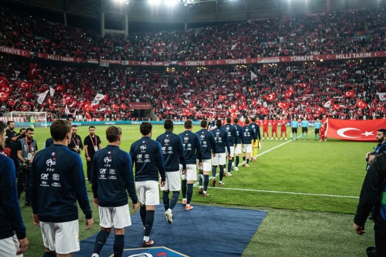 Joueurs français de dos entrant sur la pelouse face à des tribunes de supporters turcs agitant des drapeaux rouges