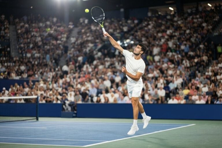Un joueur de tennis en tenue blanche sert sur un court en dur bleu, tribunes pleines dans un stade éclairé