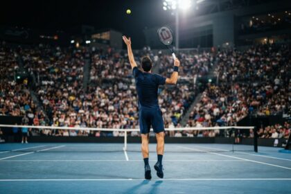 Joueur de tennis vu de dos au moment du service, sur un court en dur bleu, devant des tribunes pleines en nocturne.